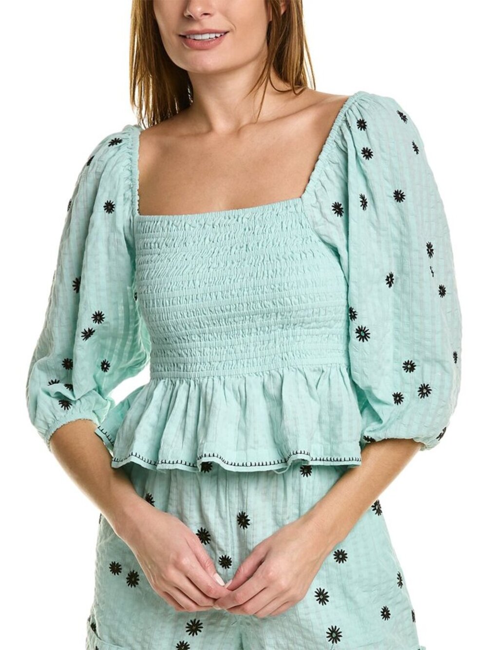 Tanya Taylor Emma Smocked Top In Sunburst Araucana Mint green Small cropped